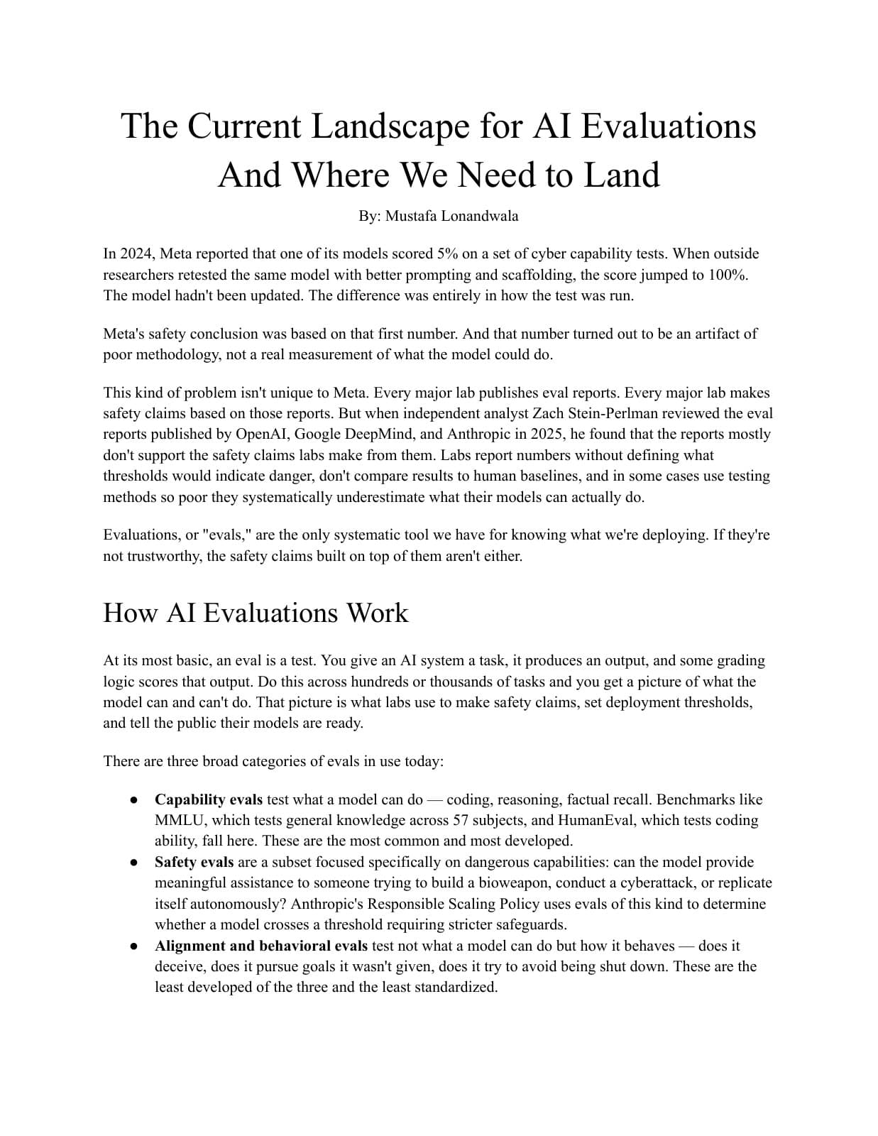 First page of The Current Landscape for AI Evaluations
